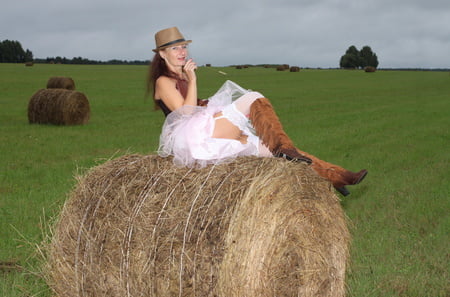 rainy day in meadow and woman         
