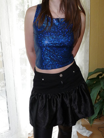 wifes blue silk satin shiny hologramm top