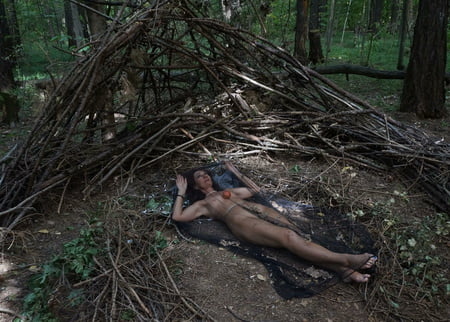 in forest cradle with apple         