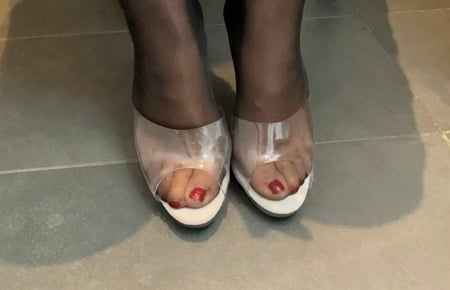 clear high heel mules pissing         