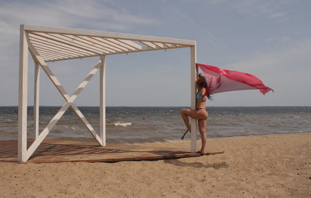 red shawl on windy weather         