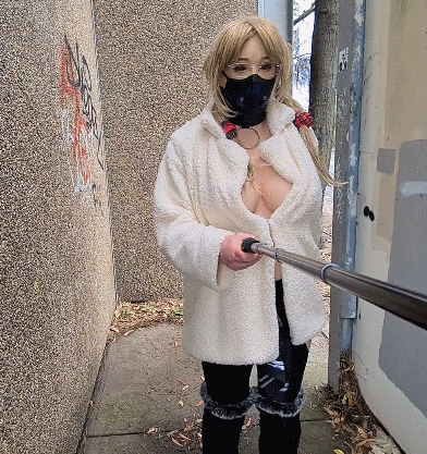 Exhibitionist whore in a fur coat flashing in public #11
