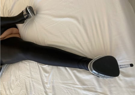 spandex pantyhose and clear high heel mules         