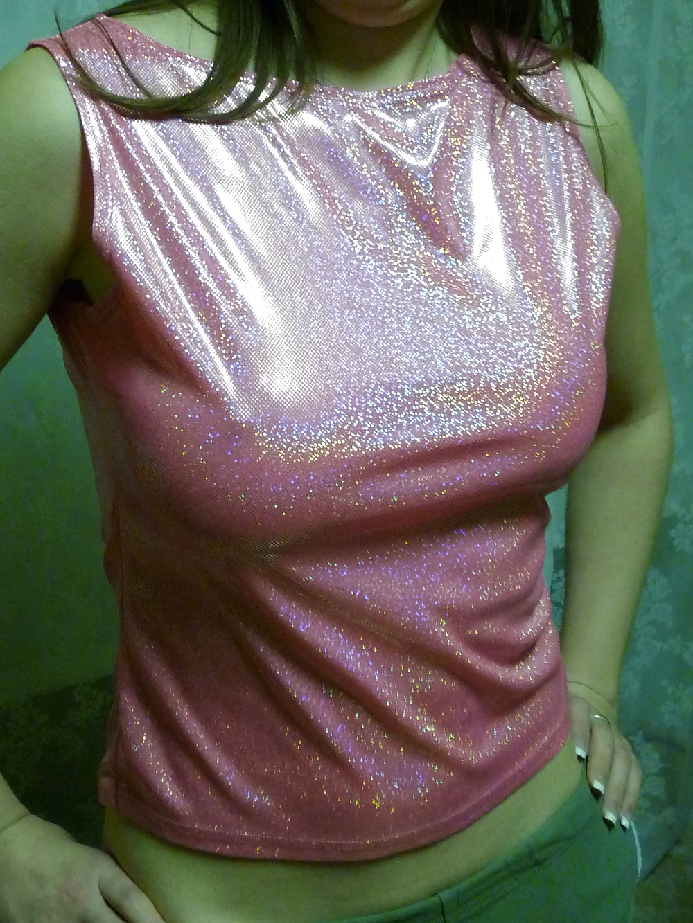 Porn Pics wifes pink silk satin shiny hologramm top