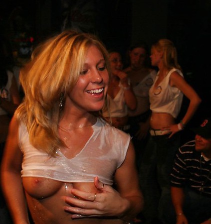 Blonde showing her skills at miss wet t-shirt
