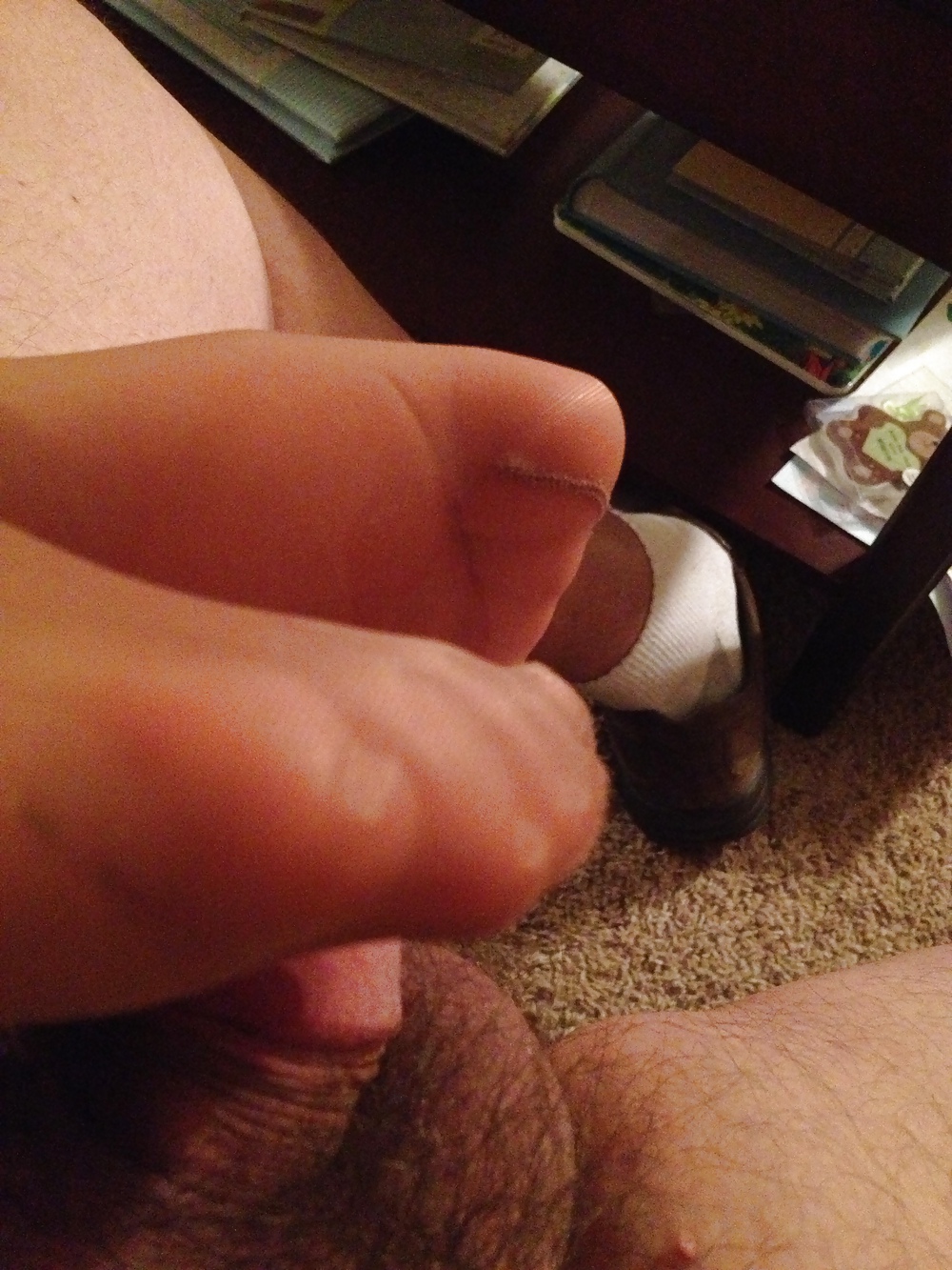 Porn Pics Pantyhose footjob with cum on feet from wife