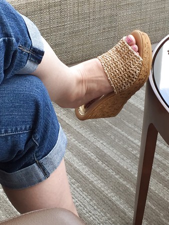 Sexy wife's feet in wedges for friend